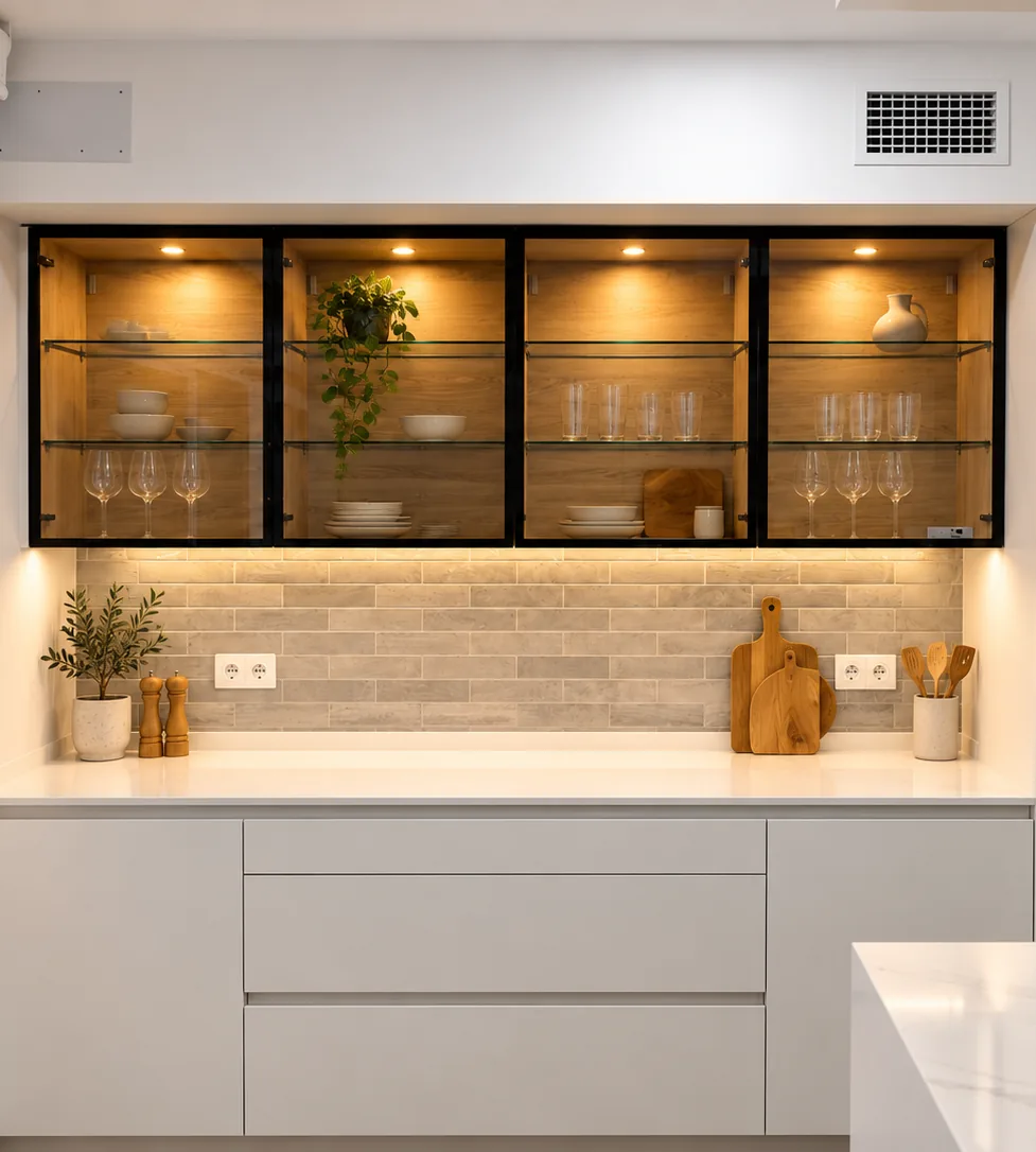 Cocina reformada: vitrinas con perfil negro e iluminación interior, frente de ladrillo visto y muebles lacados en blanco